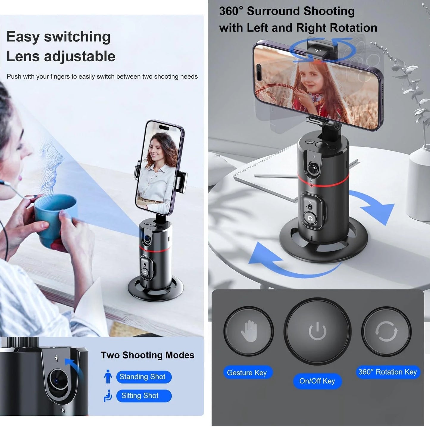 Auto Face Tracking Phone Holder Tripod, No App Required, 360° Rotation Smart Face Body Tracking Tripod Selfie Phone Camera Stand for TIK Tok, Vlog, Live Streaming, Youtube Video