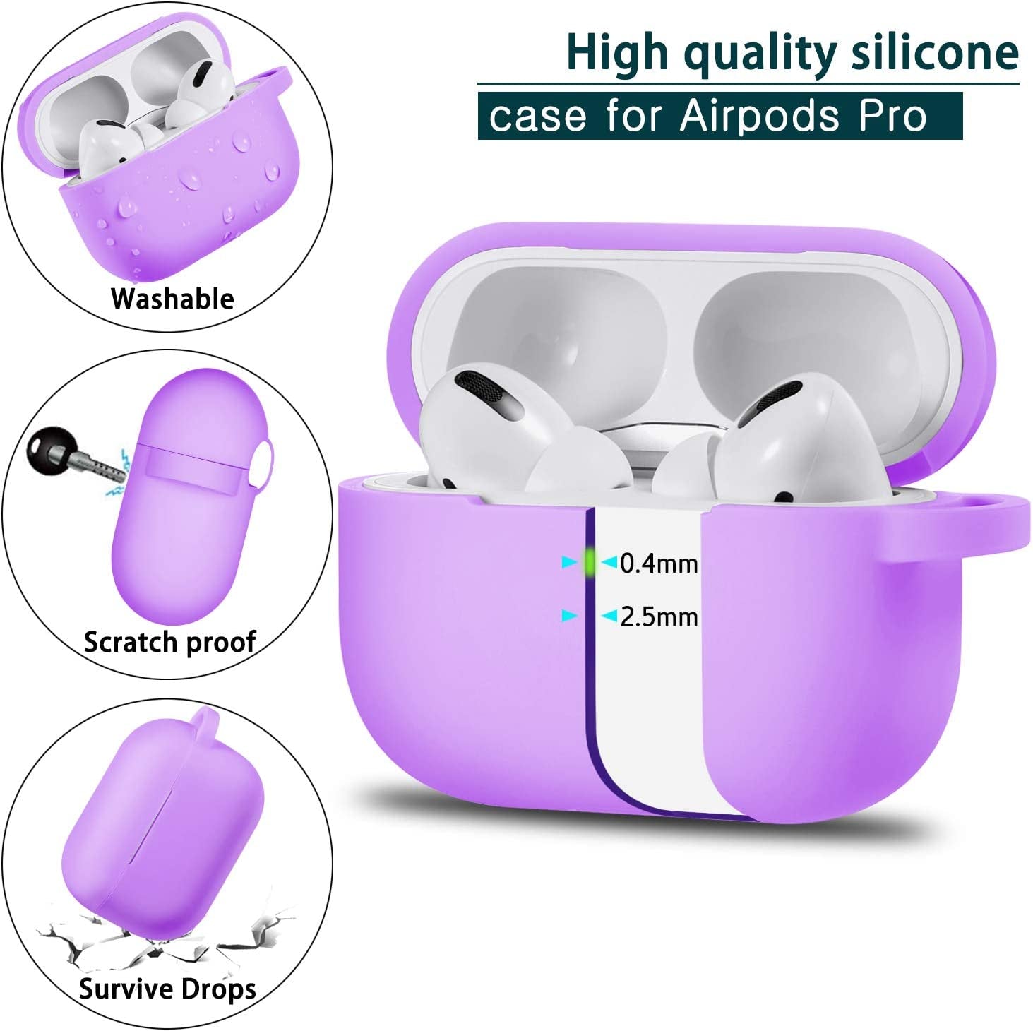 Airpods Pro Case Cover with Keychain, Full Protective Silicone Skin Accessories for Women Girl with Apple 2019 Latest Airpods Pro Case, Front LED Visible-Lavender